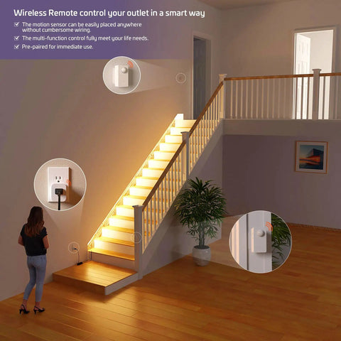 Smart home setup with Plug And Play Wireless Motion Sensor Outlet With Light Sensor No WiFi No App near stairs