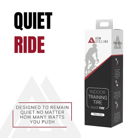 Product packaging of Indoor Trainer Tire For Road Bikes 700x25c With Quiet Long Lasting Proprietary Rubber Compound Perfect For Saris Kinetic Kurt Wahoo And Other Bike Trainers, highlighting quiet design.