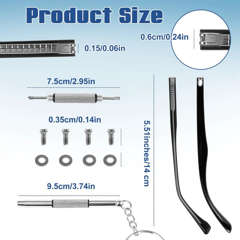 Product size details of Premium Eyeglasses Repair Kit Including Two Pairs Of Replacement Arms And Legs With Non Slip Silicone Ear Tips Nose Pads Plus Full Hardware Set.