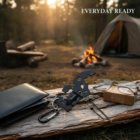 Slim Metal Multitool Card With Screwdriver And Bottle Opener Credit Card Size for Wallet on wood near campfire
