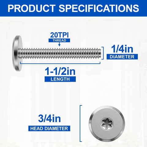 Tough As Nails Combo Sidewalk Screw And Bolt Kit In 1/4 By 1/2 Inch Low Profile Exterior Fasteners for Hurricane Window Shutters Hardware includes a detailed specification image of a bolt, showing 1/2 inch length and 1/4 inch diameter.