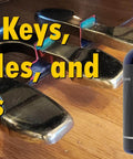 Bottle of 100 Percent PTFE Dry Lubricant Ultra Fine Powder next to piano pedals and keys