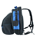 Side view of Electrician Tool Backpack With Helmet Catch Detachable Large Capacity Workhorse Bag Heavy Duty Organizer For Electricians Carpenters Tradesmen Construction Pros Hvac Techs Welders Blue with blue pocket and black straps, showing 600D material.
