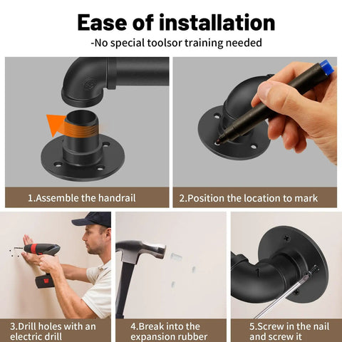 Step-by-step installation guide for Heavy Duty Industrial Staircase Handrails Nine Feet Long Cut From Solid Galvanized Steel Pipe.