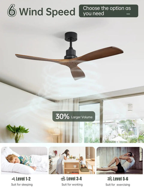52 Inch No Light Ceiling Fan for Indoor Outdoor Use with Remote Control shown in a living room with wood blades