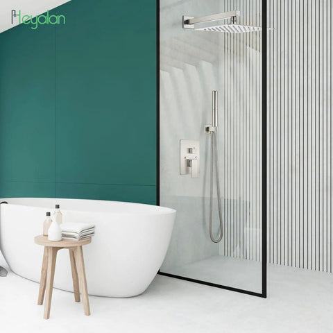 All In One Shower System With 10 Inch Square Rain Head, 2 In 1 Handheld Sprayer, Wall Mount Rough In Valve, Brushed Nickel Finish