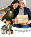 Mother and daughter with a gift box and a 9-Piece Premium Gardening Tool Set For Women with floral tote in corner