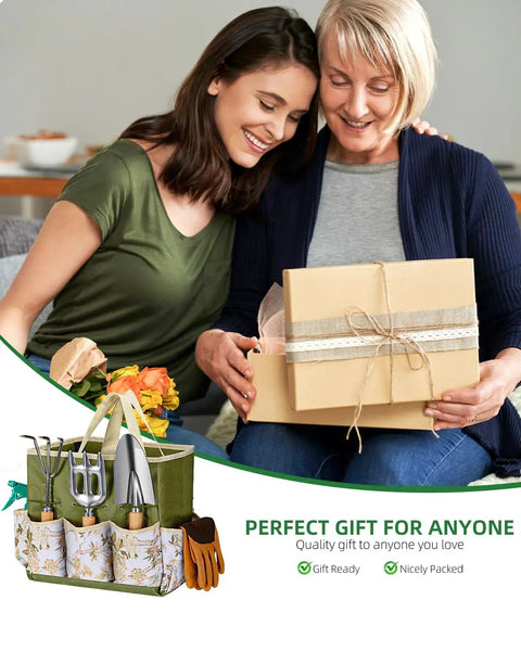 Mother and daughter with a gift box and a 9-Piece Premium Gardening Tool Set For Women with floral tote in corner
