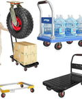 Pair Of Heavy Duty Inflatable Casters With Grippy Rubber Tires And Rolls Like A Dream Double Ball Bearings on utility carts with boxes and water bottles.