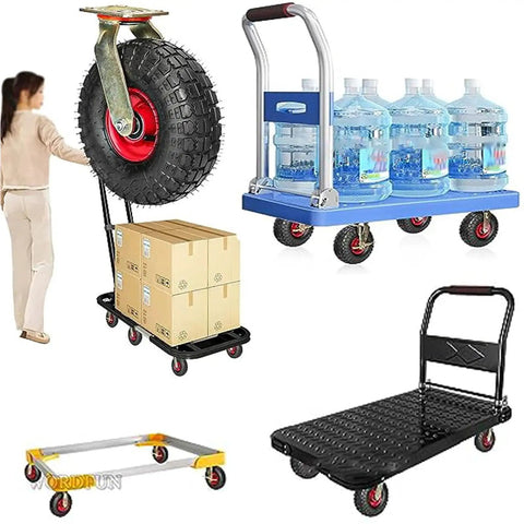 Pair Of Heavy Duty Inflatable Casters With Grippy Rubber Tires And Rolls Like A Dream Double Ball Bearings on utility carts with boxes and water bottles.