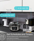 In Wall Smart Outlet With WiFi Control For Two Devices in kitchen setting, schedules 6:30AM on, 6:00PM off, dual kitchen appliances