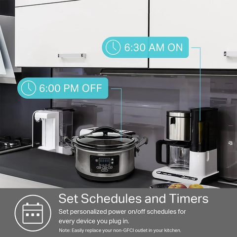 In Wall Smart Outlet With WiFi Control For Two Devices in kitchen setting, schedules 6:30AM on, 6:00PM off, dual kitchen appliances