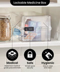 Premium Lock Box With Three-Digit Combination For Food, Meds And Home Safety, medium clear box on shelf next to jar