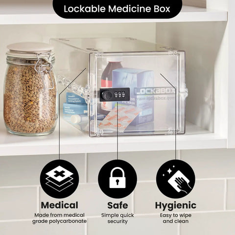 Premium Lock Box With Three-Digit Combination For Food, Meds And Home Safety, medium clear box on shelf next to jar