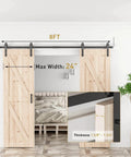 Eight Foot Double Barn Door Hardware Kit With Silent Sliding Rails For Kitchen Bedroom Garage And Closets Fits 24 Inch Wide Door Panels Heavy Duty Carbon Steel Track System Delivers Smooth Quiet Open And Close Easy To Install shown installed with wooden doors.