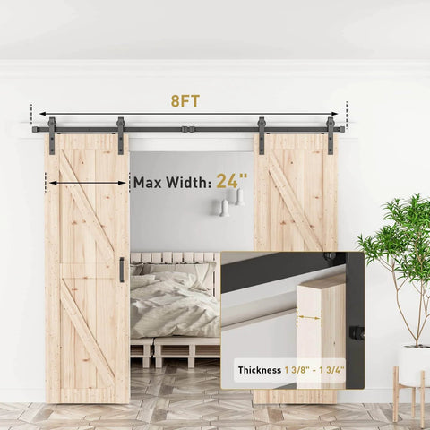 Eight Foot Double Barn Door Hardware Kit With Silent Sliding Rails For Kitchen Bedroom Garage And Closets Fits 24 Inch Wide Door Panels Heavy Duty Carbon Steel Track System Delivers Smooth Quiet Open And Close Easy To Install shown installed with wooden doors.