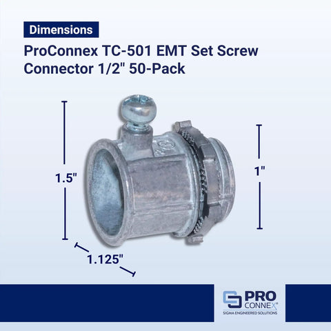 ProConnex TC-501 1/2 Inch EMT Set Screw Connector 50 Pack Built Tough From Die Cast Zinc Alloy in packaging dimensions diagram