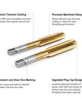 Close-up of taps from the 87 Piece All In One Tap And Die Set With SAE And Metric Sizes in Pro Grade Titanium Steel for thread repair.