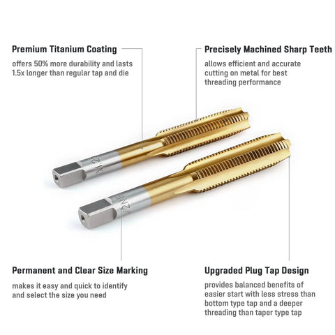Close-up of taps from the 87 Piece All In One Tap And Die Set With SAE And Metric Sizes in Pro Grade Titanium Steel for thread repair.
