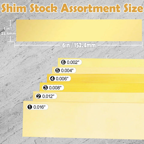 Brass shim stock assortment, 1 in x 6 in, thicknesses 0.002–0.016 in, 6 pieces, Amazon BISS