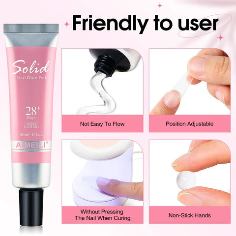 Hema Free Solid Nail Glue Gel For False Nail Tips That Sticks Fast With Strong Adhesion Cruelty Free Vegan tube and usage tips