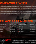 Image listing compatibility and replacement parts for 2013-2018 Dodge Ram trucks with 6.7L Cummins Diesel Engines.