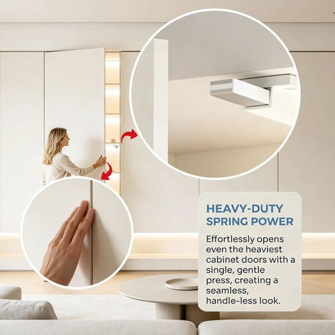 Push To Open Cabinet Latch Kit Magnetic Drawer Catch With Strong Hold Handle Free Cabinet Hardware 2 Pack For Seamless Soft Open And Modern No Knob Design, white cabinet door close-up