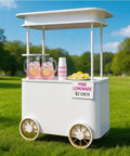 Slick Custom Mobile Food Cart With Roof And Heavy Duty Portable Vendor Display Kiosk For Coffee Snacks Desserts Trade Shows Plus Full Color Branding Makeover, featuring pink lemonade.