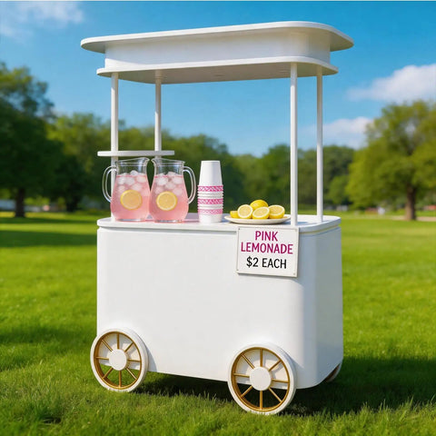 Slick Custom Mobile Food Cart With Roof And Heavy Duty Portable Vendor Display Kiosk For Coffee Snacks Desserts Trade Shows Plus Full Color Branding Makeover, featuring pink lemonade.