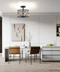Farmhouse Crystal Round Semi Flush Mount Light With Drum Shade Black Finish 3 Light Ceiling Lamp for dining room.