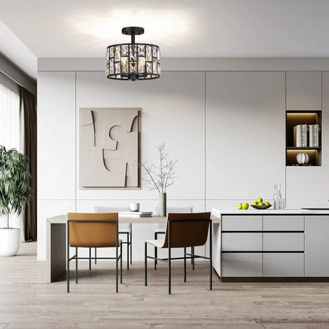 Farmhouse Crystal Round Semi Flush Mount Light With Drum Shade Black Finish 3 Light Ceiling Lamp for dining room.