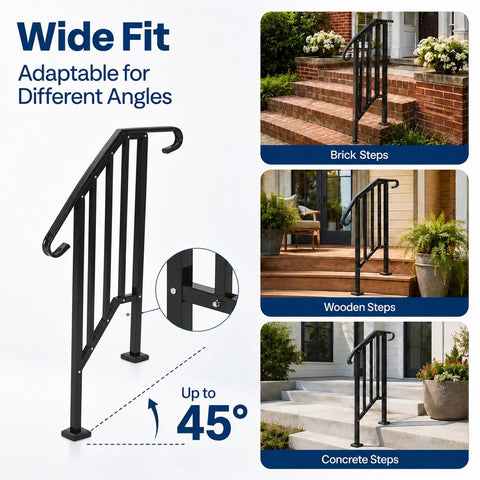 Adjustable 2 Pack Outdoor Stair Handrail Kit Tough As Nails Built With Galvanized Steel And Black Powder Coated Industrial Pipe Style featuring adaptable support for brick, wooden, and concrete steps.
