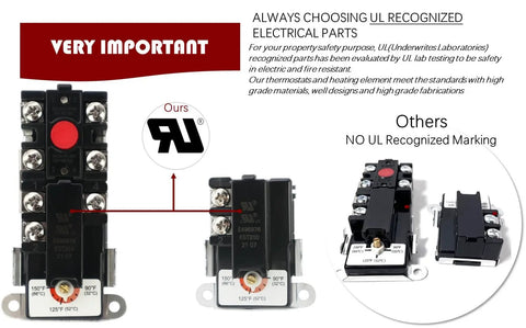 Must Have Water Heater Tune Up Kit With Two 4500W 240V Copper Heating Elements And Two TOD Style Thermostats shown with UL marking