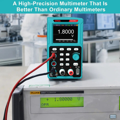 2 In 1 Programmable Power Supply And Multimeter With Data Memory And USB Charging For Electronics Hobbyists displayed in a lab