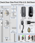 Secure Your Home Base For Good With This Top Shelf 7 In 1 Smart Front Door Lock Set Featuring A Sturdy Handle And Easy Swap Out Setup For Rapid Fingerprint Or App Control Anytime You Step Outside installation guide showing measurements.