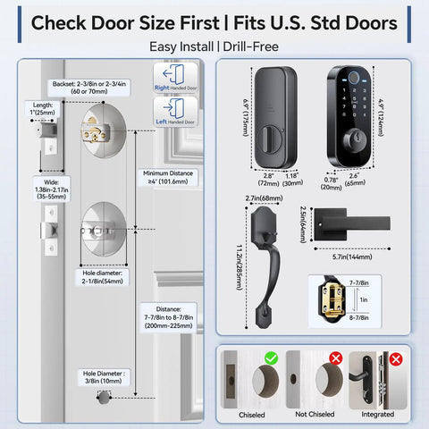 Secure Your Home Base For Good With This Top Shelf 7 In 1 Smart Front Door Lock Set Featuring A Sturdy Handle And Easy Swap Out Setup For Rapid Fingerprint Or App Control Anytime You Step Outside installation guide showing measurements.