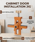 Badass Cabinet Door Mounting Jig With Adjustable Aluminum Clamp And Rock Solid Steel Rods For Dead Nuts Hinge Alignment Easy Solo Diy Setup No Fuss Support Tool For Quick Home Repair Jobs Anywhere on wooden table showcasing easy installation features and adjustable support arm.