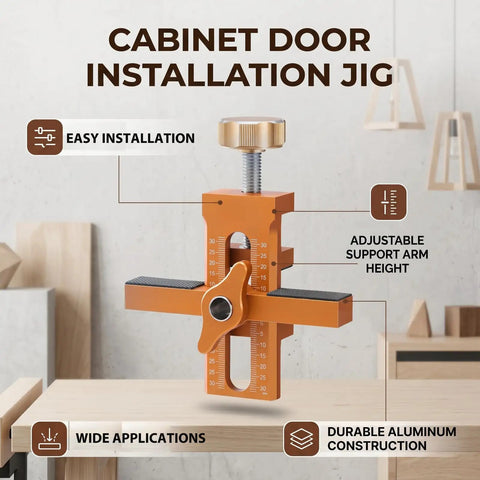 Badass Cabinet Door Mounting Jig With Adjustable Aluminum Clamp And Rock Solid Steel Rods For Dead Nuts Hinge Alignment Easy Solo Diy Setup No Fuss Support Tool For Quick Home Repair Jobs Anywhere on wooden table showcasing easy installation features and adjustable support arm.