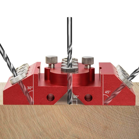 Pro Grade 30 45 90 Degree Drill Guide Jig For Straight Holes With Detachable Bushings And Positioning Bar in use on wood