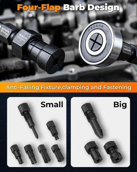 2 In 1 Blind Hole Bearing Puller And Bearing Press Kit shown with small and big tools, four-flap barb design, for bikes and motorcycles.