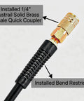 Heavy Duty 1/4 Inch Air Compressor Hose 50 Feet Long with solid brass female quick coupler and bend restrictor.