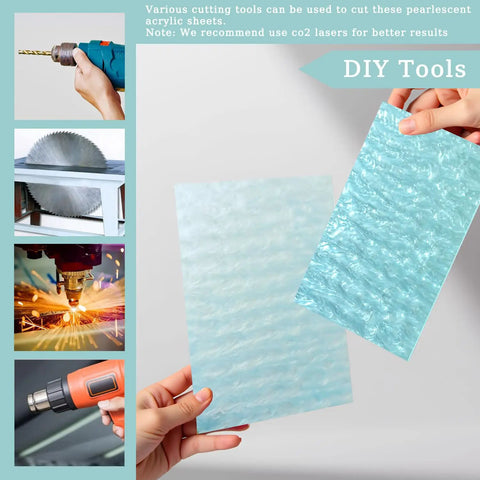 Hands holding Pearlescent Cast Acrylic Sheets 1/8 Inch Thick In Aqua With Ocean Ripple Pattern For DIY Crafts And Home Decor 12x8 Inch
