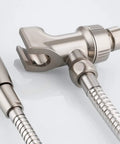 Shower Head Holder For Handheld Showers With Adjustable Arm Mount And Brass Swivel Ball In Brushed Nickel Finish Great For A Smooth Upgrade Durable Brass And ABS Construction For Long Lasting Use. brushed nickel shower head holder with brass swivel ball and adjustable arm mount, close-up
