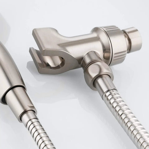 Shower Head Holder For Handheld Showers With Adjustable Arm Mount And Brass Swivel Ball In Brushed Nickel Finish Great For A Smooth Upgrade Durable Brass And ABS Construction For Long Lasting Use. brushed nickel shower head holder with brass swivel ball and adjustable arm mount, close-up