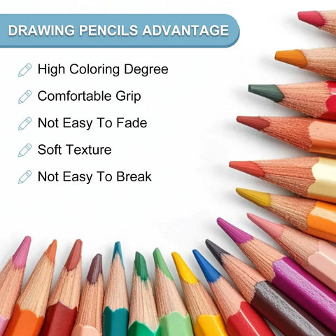 Set of colored sketch pencils with benefits: high coloring degree, comfortable grip, soft texture, durable, fade resistant.
