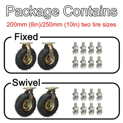 Image showing Zero Fuss Heavy Duty Casters With Pneumatic Rubber Tires, includes 8-inch fixed and swivel wheels with hardware.