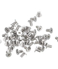 Premium 304 Stainless Steel M3 X 5mm Phillips Drive Machine Screws 100 Pack showing flat round head fasteners in a pile.