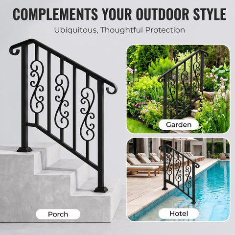 Heavy Duty Wrought Iron Porch Railing For Outdoor Stairs Rock Solid Adjustable Handrail fits 2 to 3 steps by the poolside