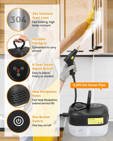 Beast 1500W Steam Cleaner Handheld Portable For Home Kitchen And Auto Detailing, 6 gears, 304 stainless steel liner, in use.