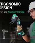 Person using Cordless 4-1/2 Inch Angle Grinder With 20V Brushless Motor Up To 8500RPM Tool-Free Guard in ergonomic design setting